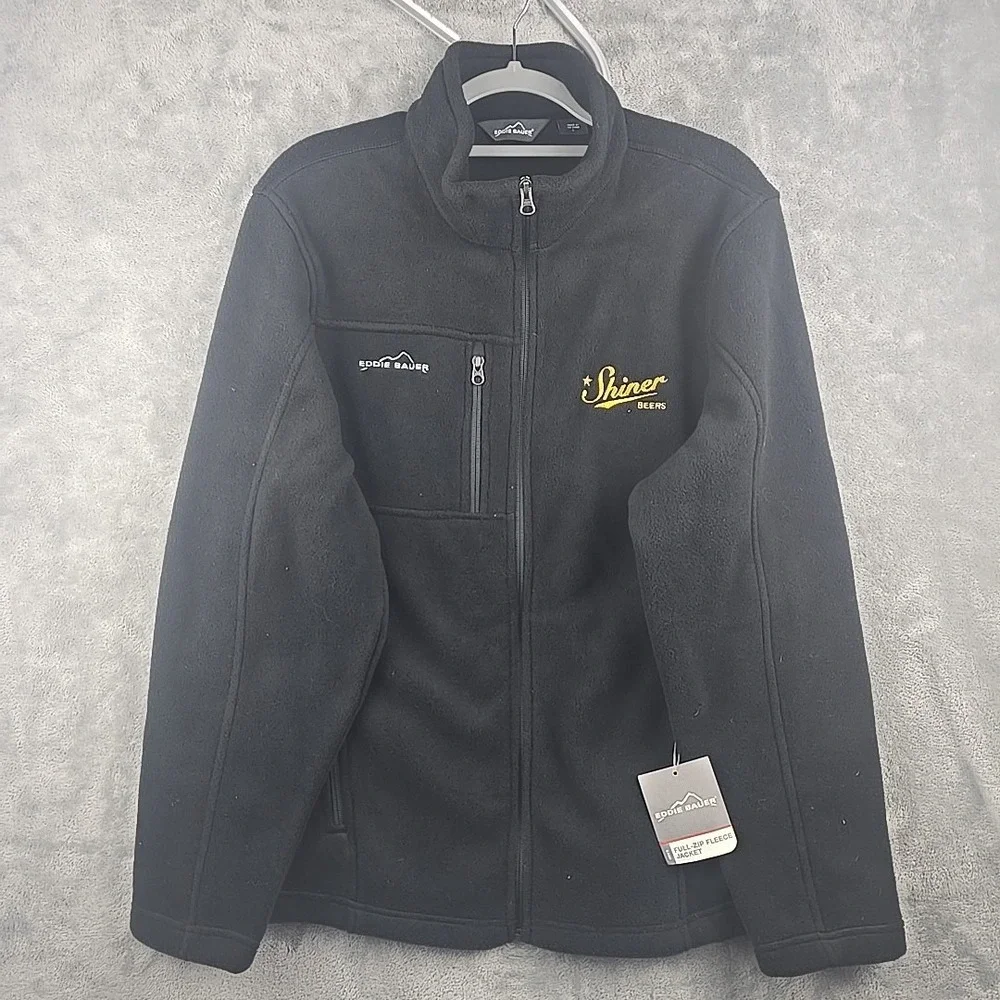 NWT Eddie Bauer Full Zip Fleece Jacket Mens Large Black EB200 Company Logo Soft‎